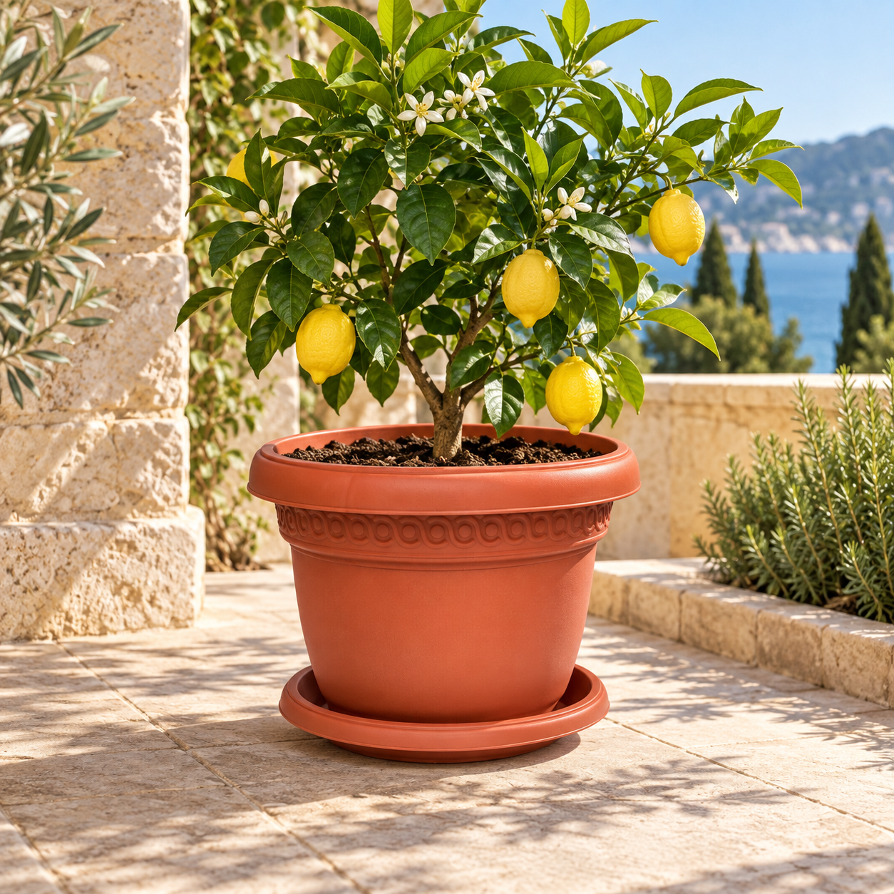 B102-6 Pot 6 terracotta planter with lemon tree on a European terrace