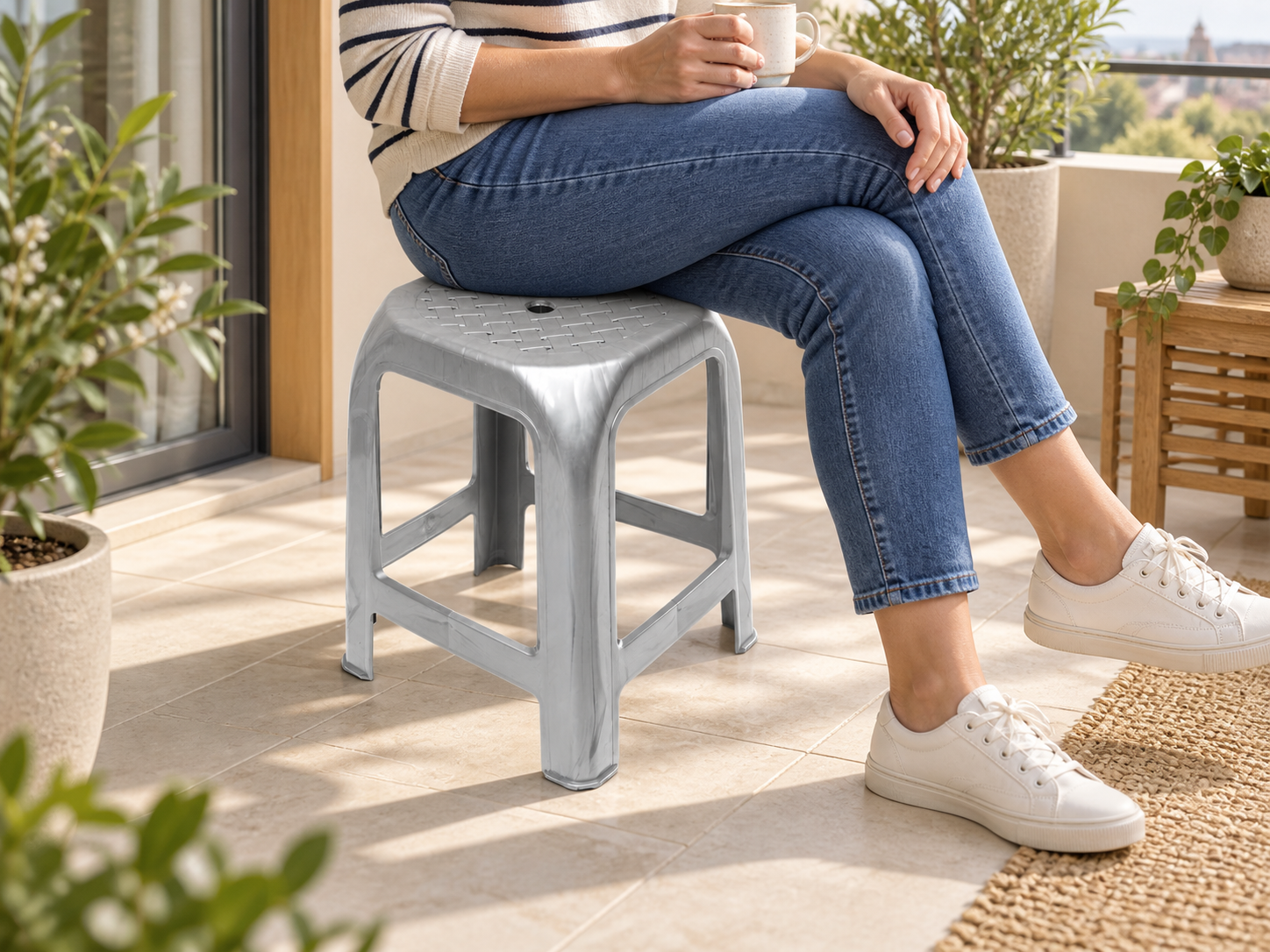 BURDEM Plastic Stool Clasico 2 used as occasional terrace seating
