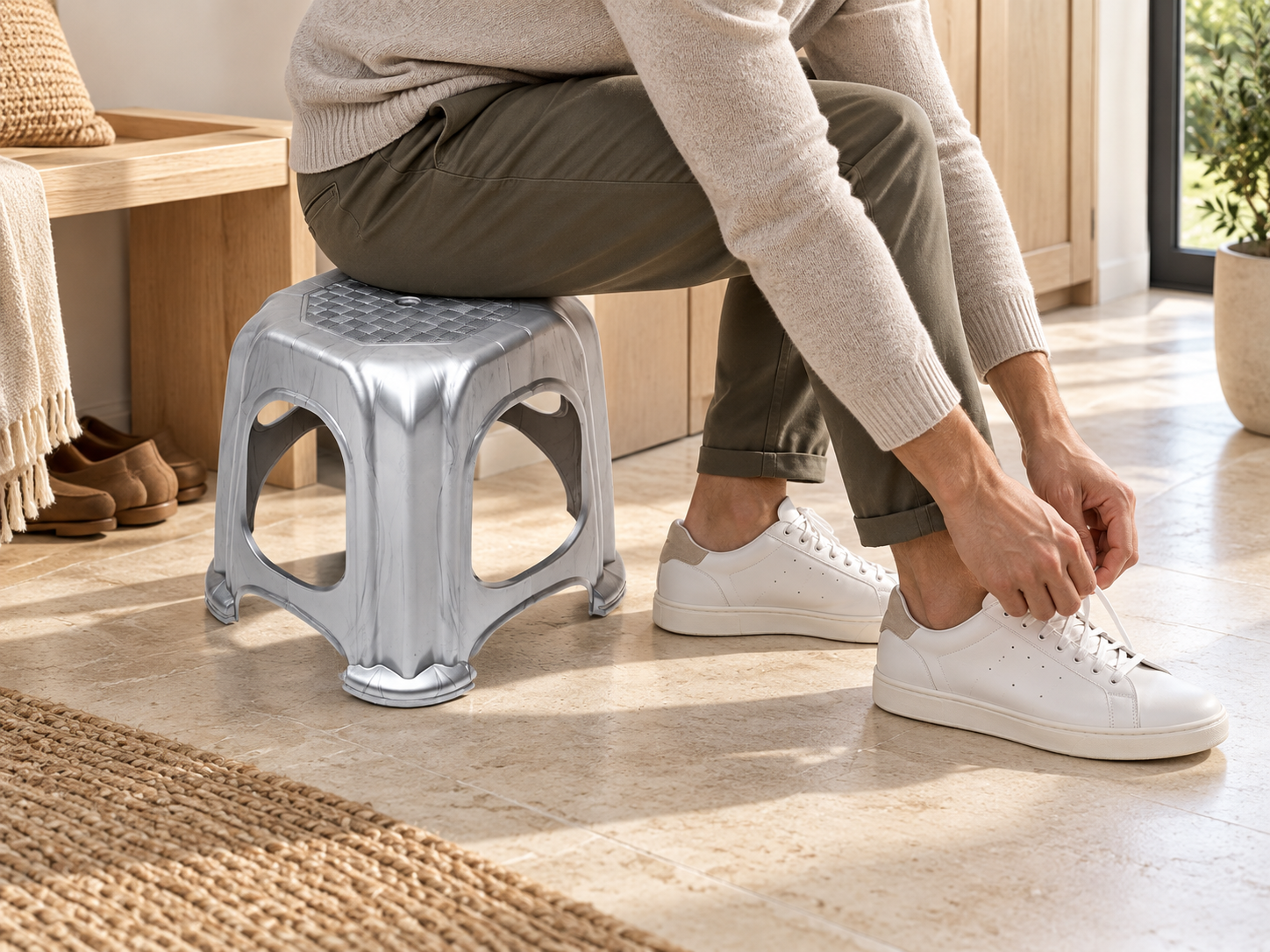 BURDEM Plastic Stool Lux 2 used as compact entryway seating