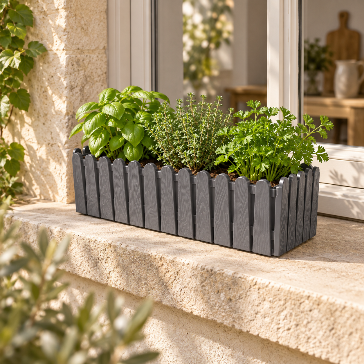 B212 Decor Rectangle grey picket-style herb planter on a European windowsill