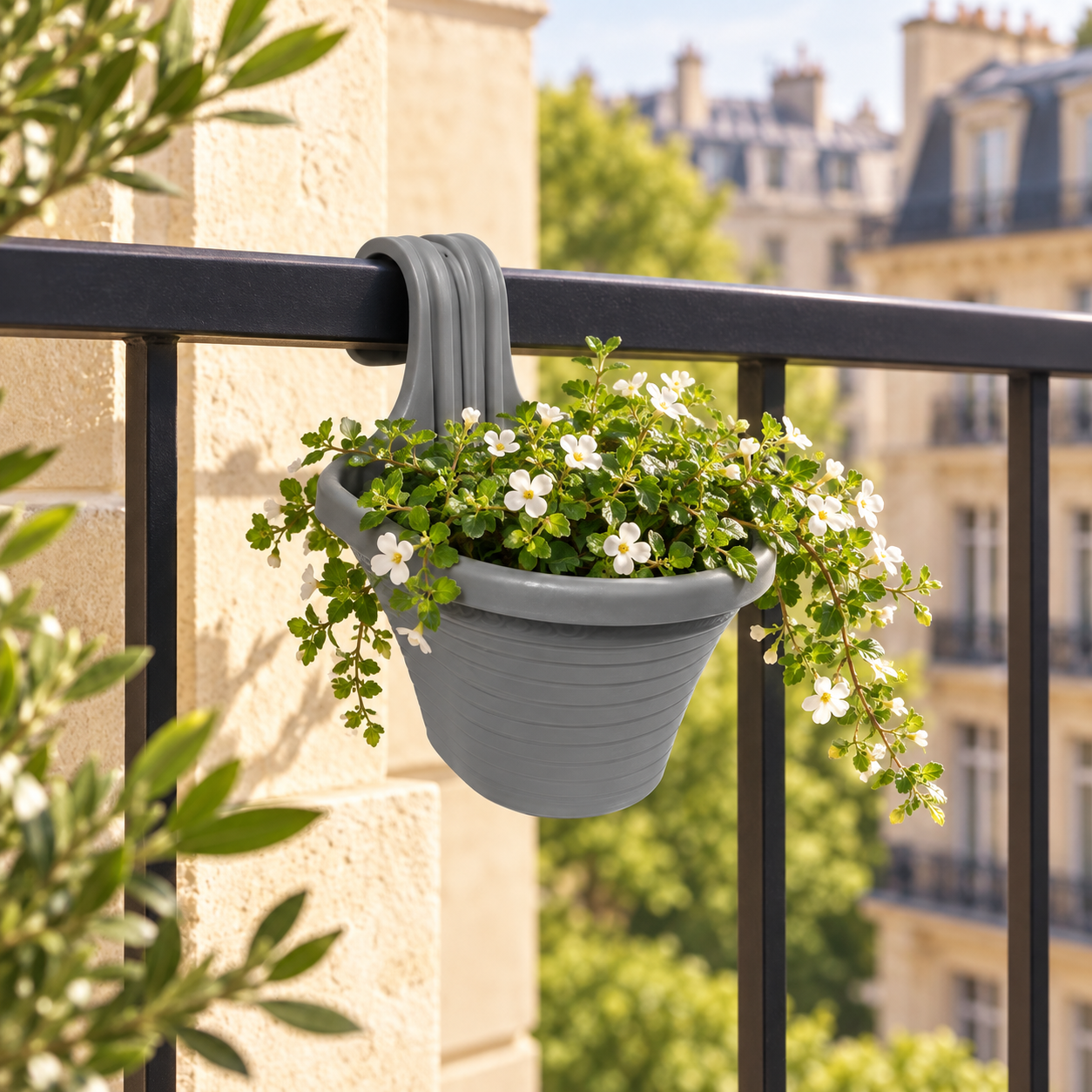 B222-1 Balcony 1 grey single-hook flowerpot in use on a European balcony