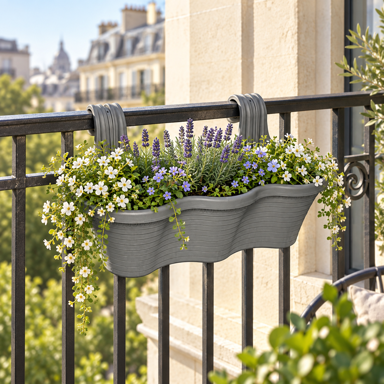 B222-3 Balcony 3 grey hanging planter with flowers on a European balcony