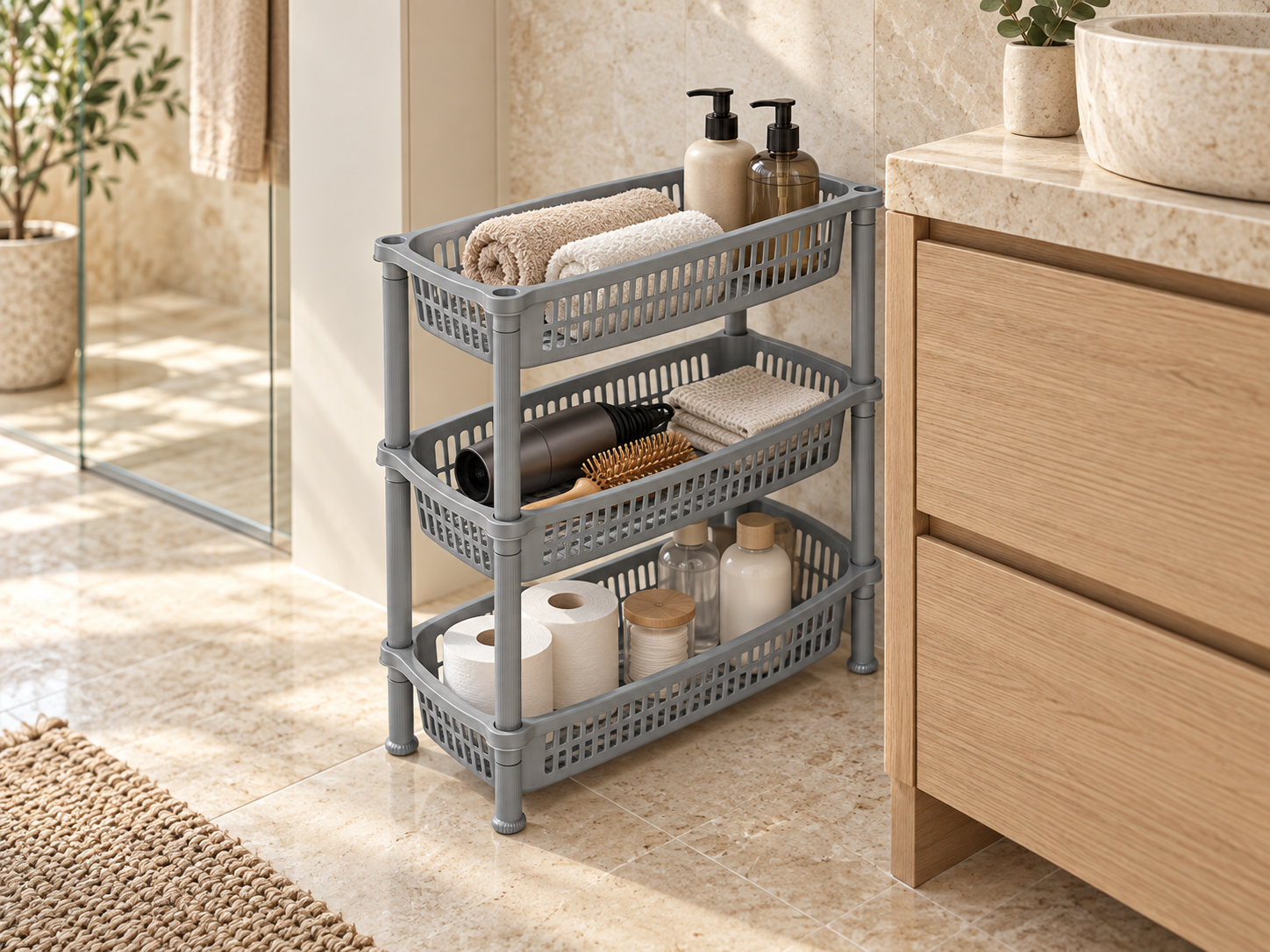 BURDEM 3 Tier Slim Trolley organising bathroom essentials beside a vanity