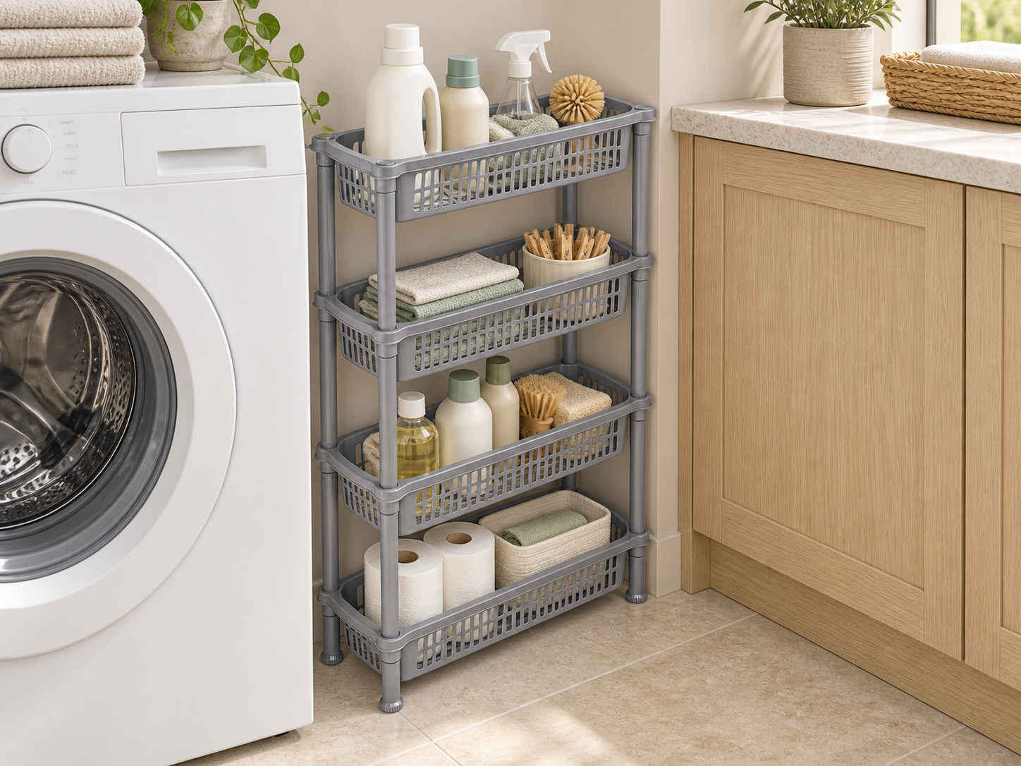 BURDEM 4 Tier Slim Trolley organising laundry essentials in a narrow utility-room gap