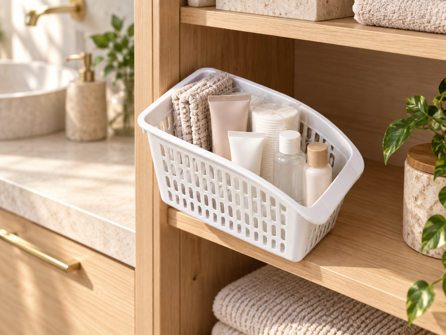 BURDEM Organiser 1 arranging skincare and face-cloth essentials on a bathroom shelf