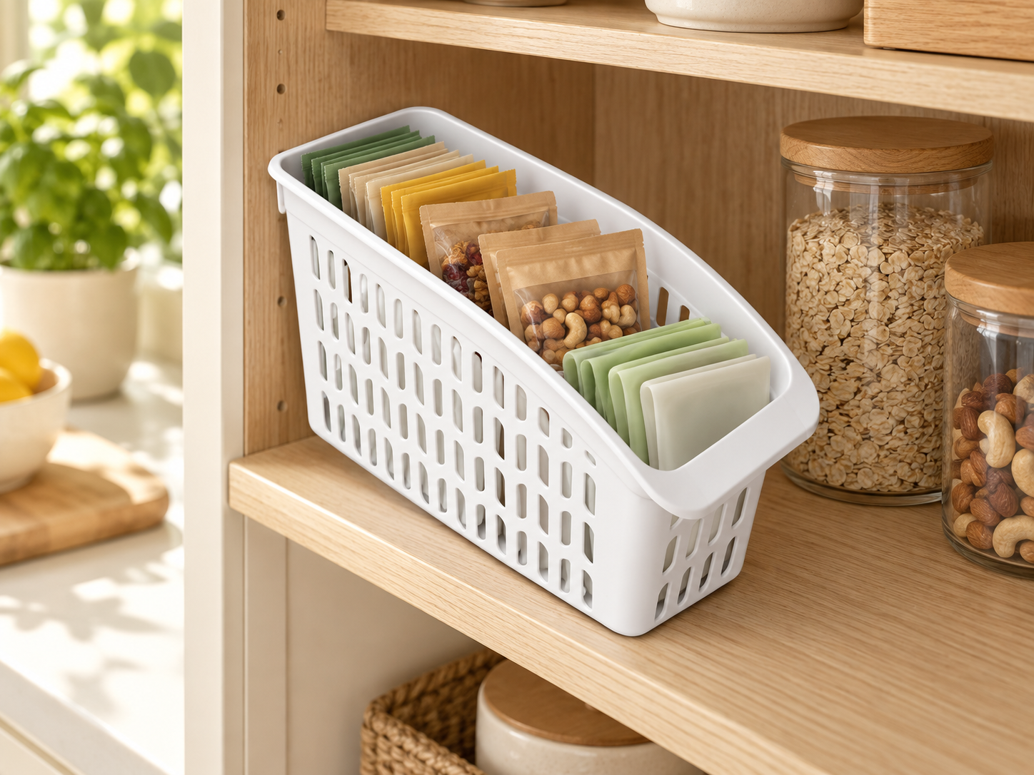 BURDEM Organiser 2 arranging tea sachets and snack packets on a pantry shelf