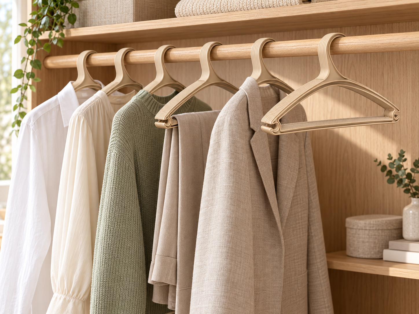 Six BURDEM Eco hangers organising garments in a contemporary oak wardrobe