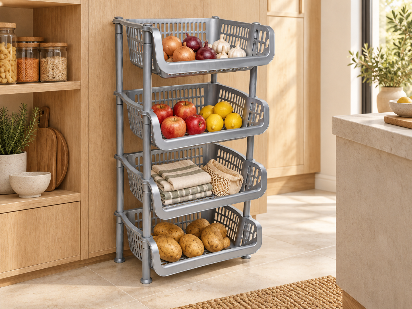 BURDEM 4 Tier Lux Trolley organising produce and kitchen linens in a contemporary pantry