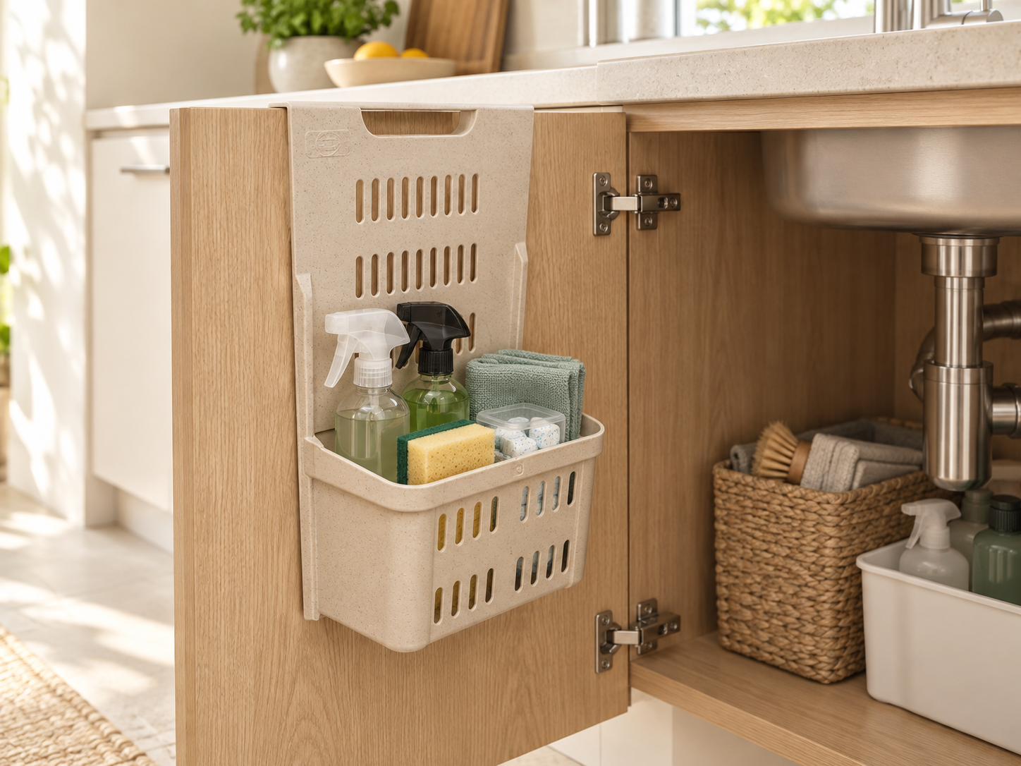 BURDEM Cabinet Organizer holding cleaning essentials on an open under-sink cabinet door
