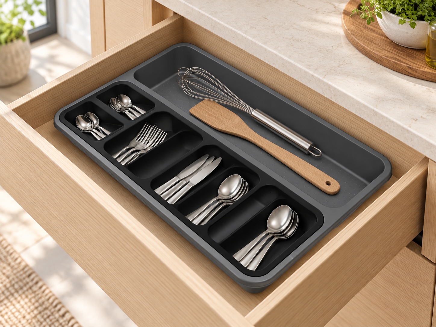 BURDEM Smart Organizer 1 arranging cutlery and utensils in a slim contemporary kitchen drawer