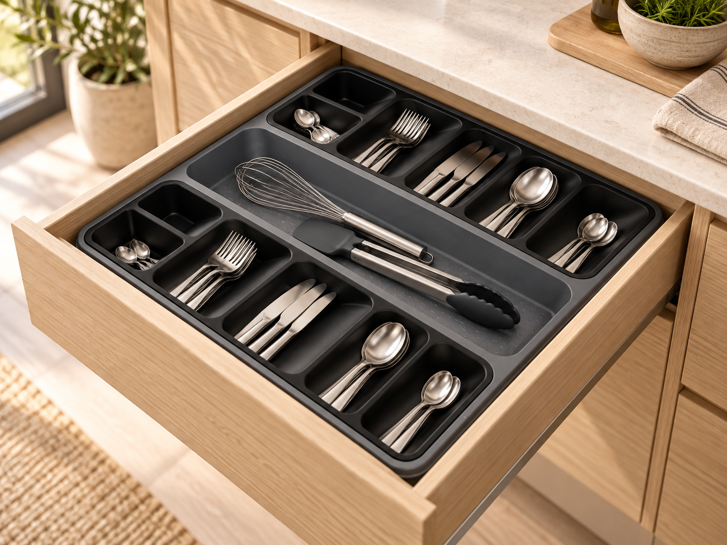 BURDEM Smart Organizer 2 arranging cutlery and utensils inside a contemporary kitchen drawer