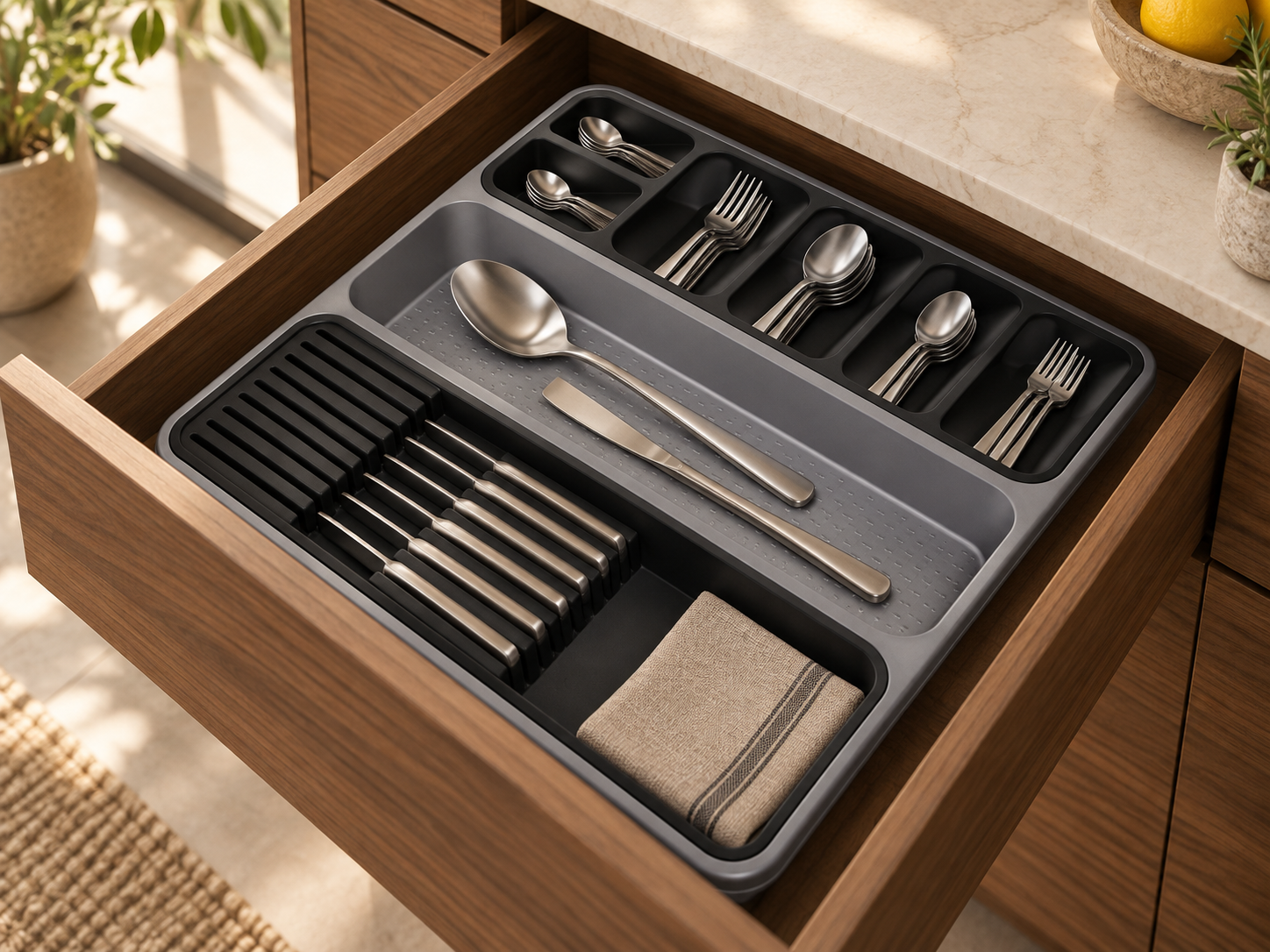 BURDEM Smart Organizer 3 organising cutlery and safely separating knives in a walnut kitchen drawer