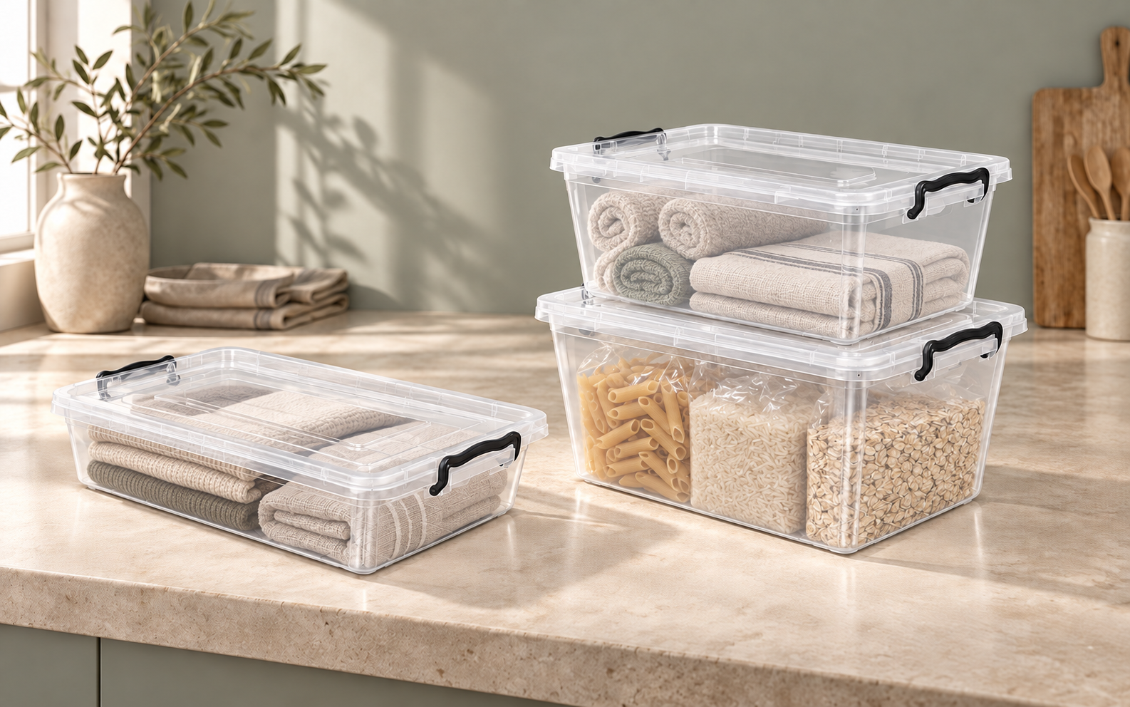 BURDEM clear storage boxes used for linen towels and pantry organisation